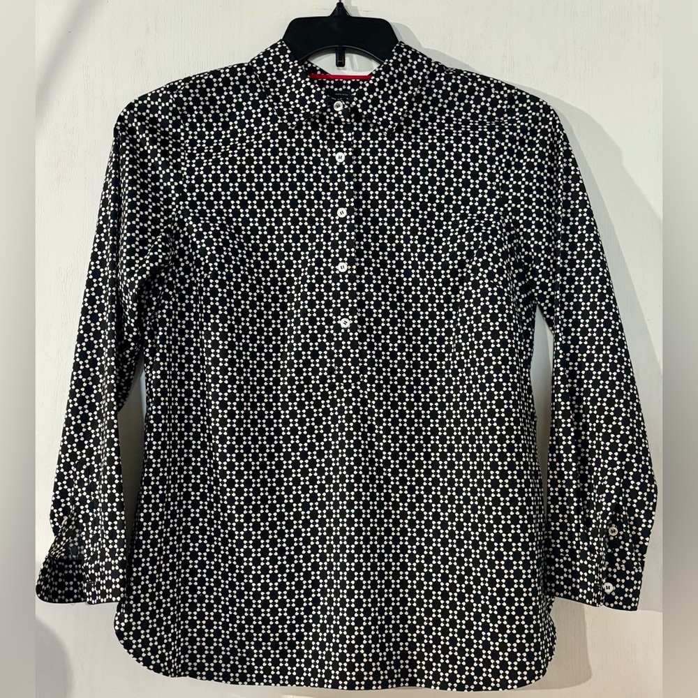 Talbots Black and White Casual Button Down Shirt with Geometric Pattern